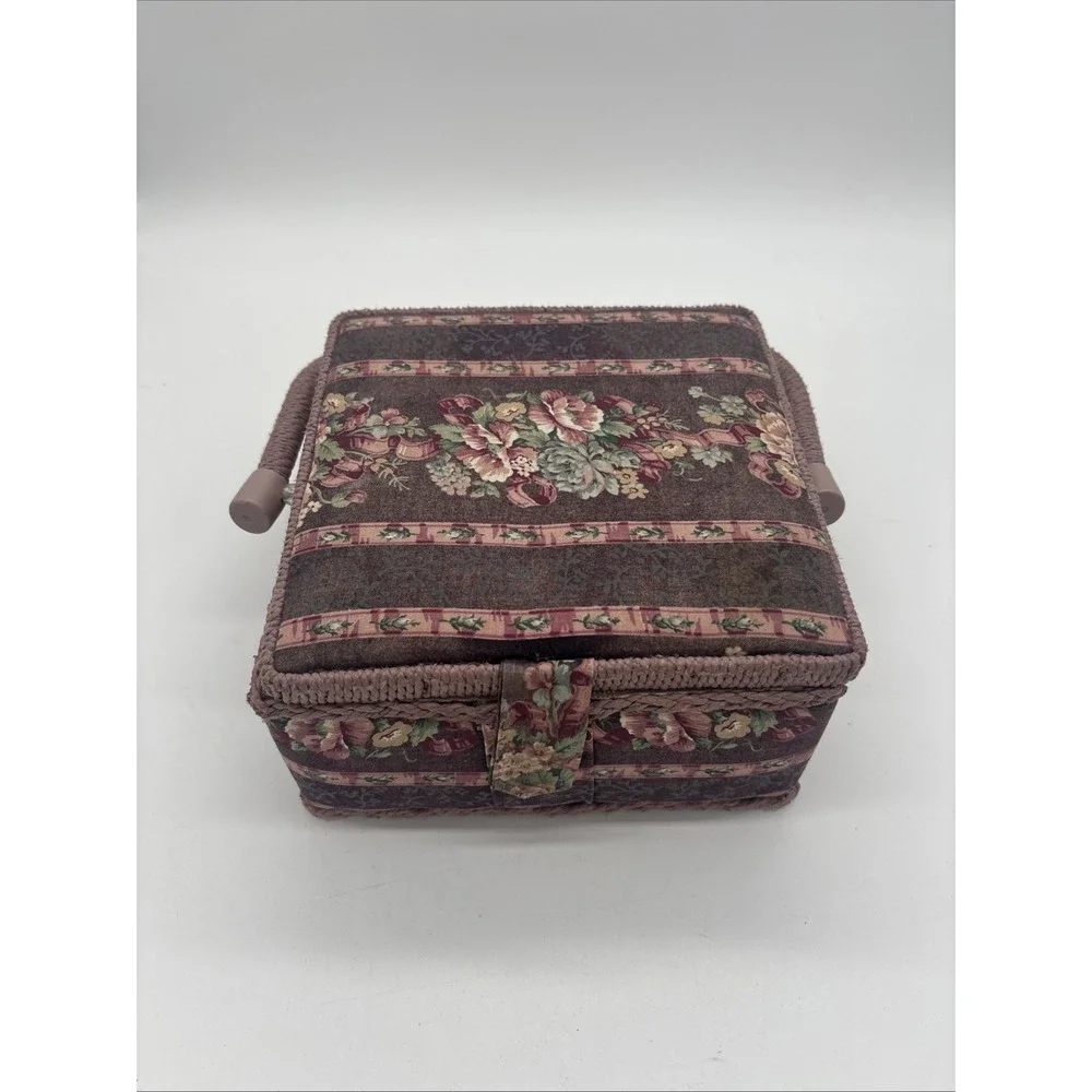 Floral Wicker Sewing Basket Box Vintage Granny Chic Pin Cushion Box